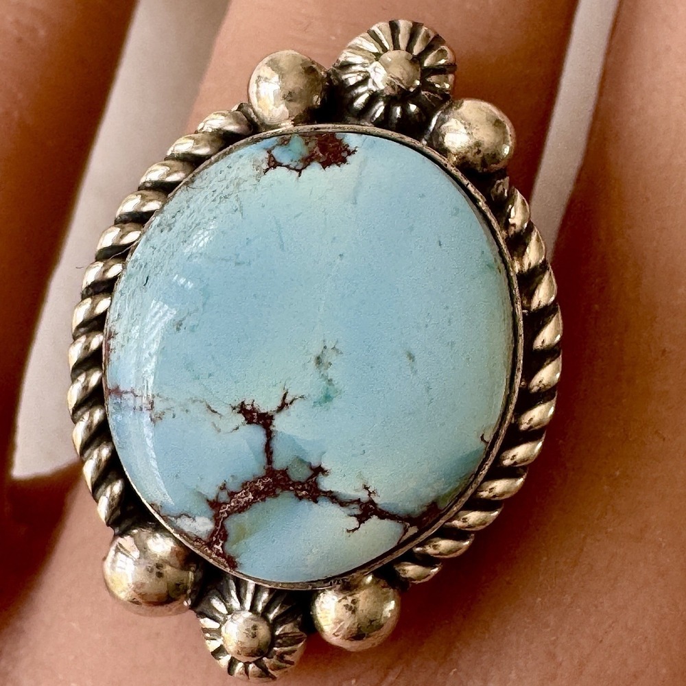 Navajo Blue Golden Hils Turquoise Ring Size 7 Signed Shakey Sterling Native Amer